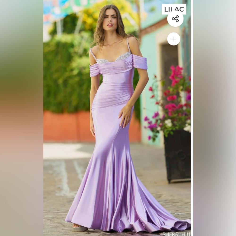 Sherri Hill Purple Ruched Gown with Cold Shoulder